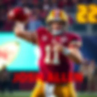 Josh Allen in a game, throwing a football with focus and intensity, showcasing his skills as a top quarterback.