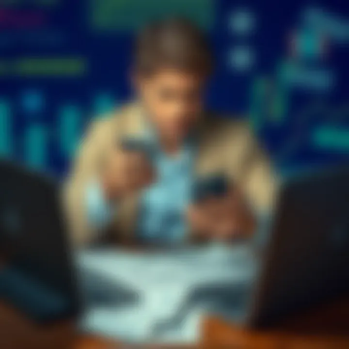 A journalist looking worried while checking threatening messages on a smartphone, surrounded by papers and a laptop, symbolizing online harassment.