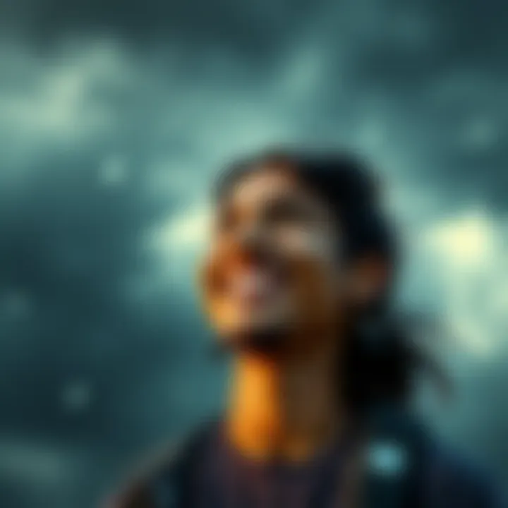 Joy in Challenges A person smiling while facing a stormy background, symbolizing finding joy in tough situations.