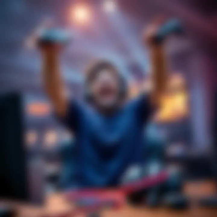 Joyful gamer celebrating victory A gamer with a big smile, holding a game controller high in the air after winning a tough match, surrounded by gaming paraphernalia.