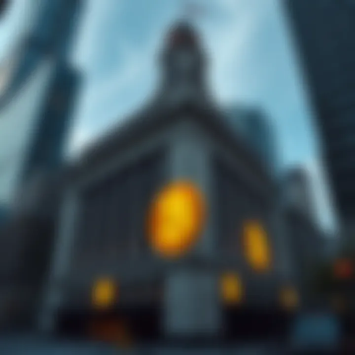 JPMorgan building in New York City with Bitcoin logos displayed, symbolizing the firm's involvement in Bitcoin treasuries