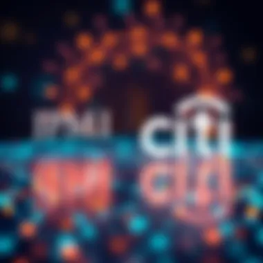 JPMorgan logo and Citi logo with blockchain symbols in background