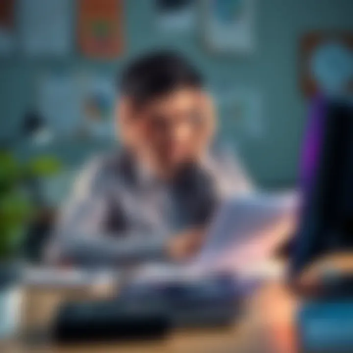 A worried person sitting at a desk surrounded by financial documents and computer tools related to Juno, looking stressed about money management.