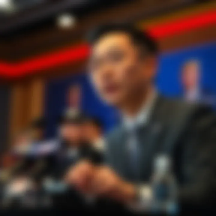 Justin Sun at a press conference discussing the settlement of his case with the S.E.C. regarding cryptocurrency investments linked to Trump