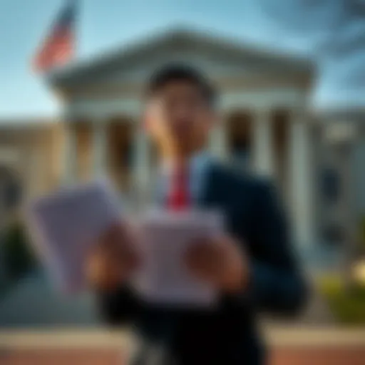 Justin Sun standing outside a courthouse holding legal documents against World Liberty Financial, linked to the Trump family.