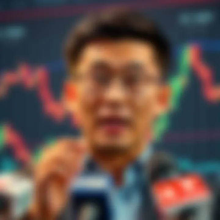 Justin Sun addressing the media about WLFI's alleged fraud, with financial graphs showing decline in token value in the background.