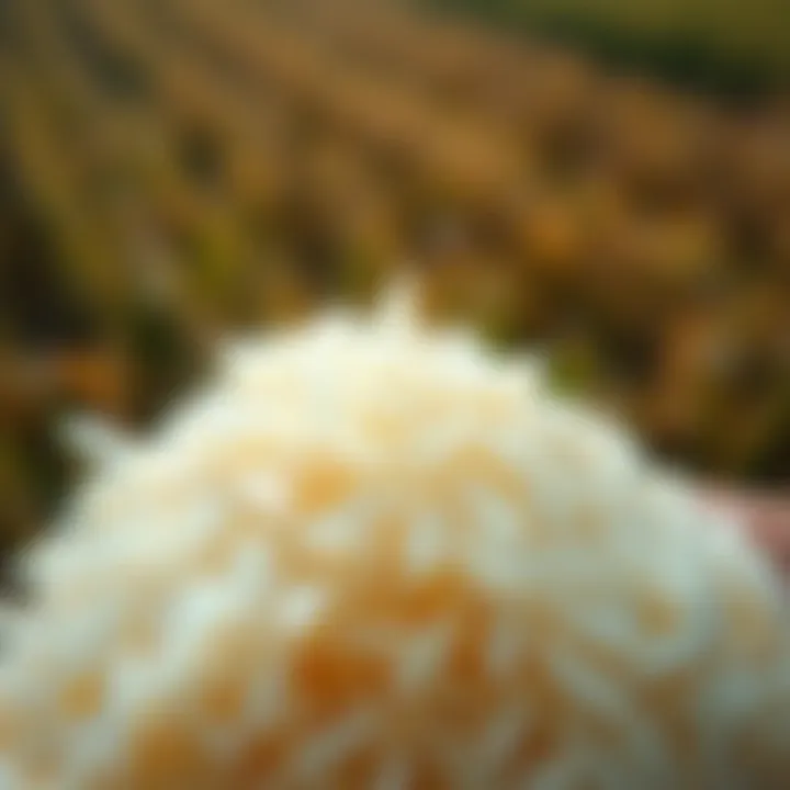 Close-up view of Kaima Rice grains showcasing their texture and appearance, with a background hinting at agricultural fields.