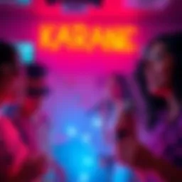 People enjoying a lively karaoke night, singing popular Sleep Token songs like Damocles and Granite