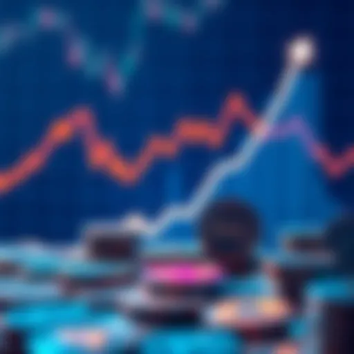 Graph showing the upward trend of KAS tokens in cryptocurrency with coins in the foreground