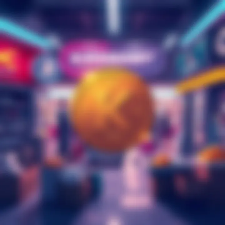 Visual representation of KasMart's marketplace with its new utility token, featuring independent sellers and cryptocurrency symbols, set against a backdrop of e-commerce elements.