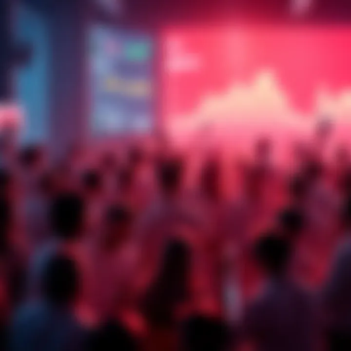 Crowd of people discussing and celebrating Kaspa's rise in rankings, with charts and graphs showing positive trends in the background.