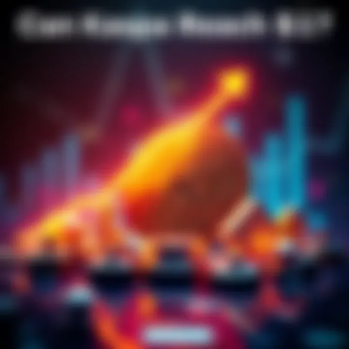 A graphic showing a Kaspa coin with an ascending trend line, symbolizing potential growth towards $1, surrounded by icons representing DAG technology.