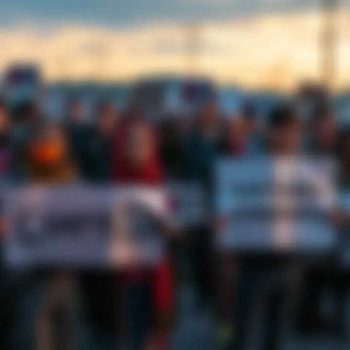 People from the Kaspa community gathering to support families in the Middle East, holding signs for compassion and aid.