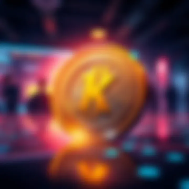 Visual of a digital coin representing Kaspa with developers collaborating in the background