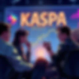 A group of people engaged in a discussion about the potential of the Kaspa cryptocurrency, with charts and graphs in the background