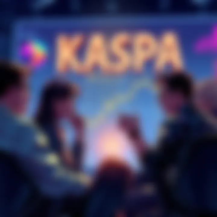A group of people engaged in a discussion about the potential of the Kaspa cryptocurrency, with charts and graphs in the background