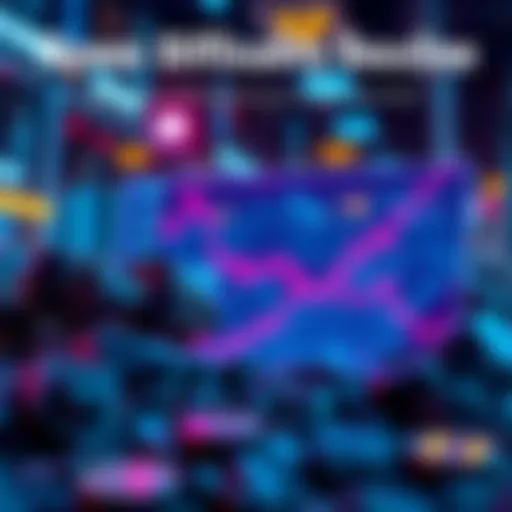 A visual representation of Kaspa's mining difficulty reaching a low point, with graphs showing the downward trend and implications for miners and market prices.