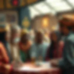 A diverse group of Kaspians sharing stories and cultural backgrounds at a community event.