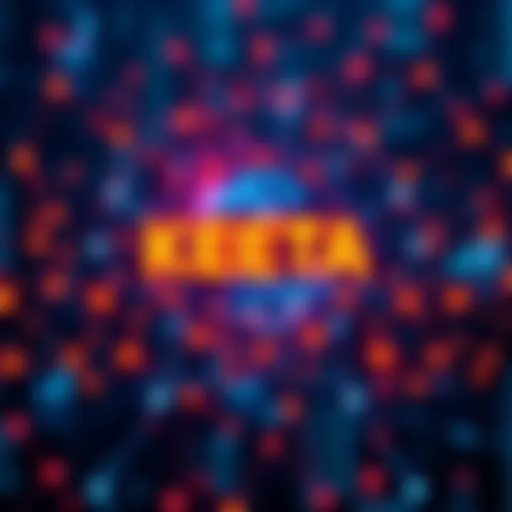 A graphic showing a digital representation of Keeta technology with elements of blockchain and directed acyclic graph. The interface highlights connections and data flow.