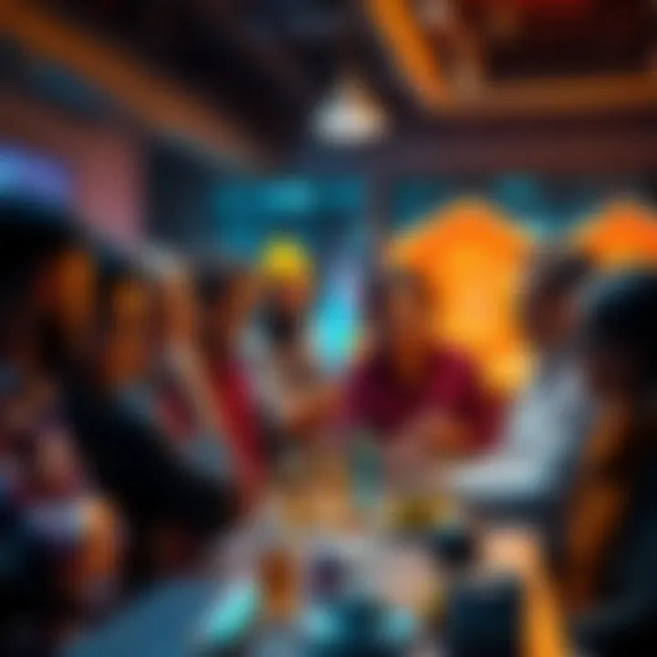 A group of people in a lively discussion about memecoins, showcasing teamwork and enthusiasm in a bright and dynamic setting.