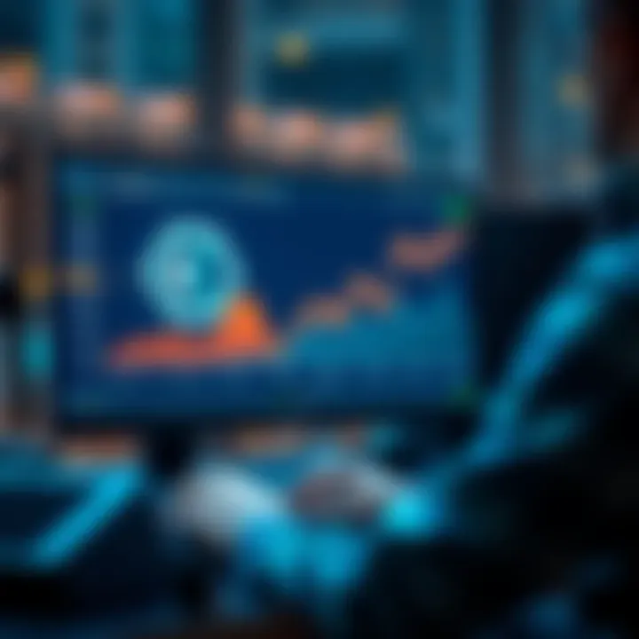 A person analyzing cryptocurrency trends on a computer, with Kendu logo on the screen and graphs showing upward trends.