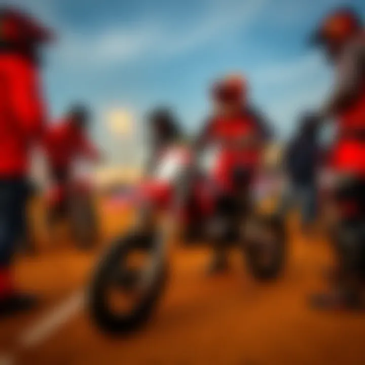 A group of six racers from Kendu Racing preparing their off-road minibikes for a race, showcasing teamwork and excitement in the Southeast.