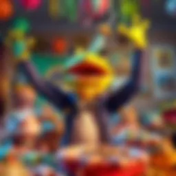 Kermie joyfully celebrating his auction win, surrounded by playful frog-themed decorations and vibrant laughter, with frog feet pictures humorously displayed in the background.