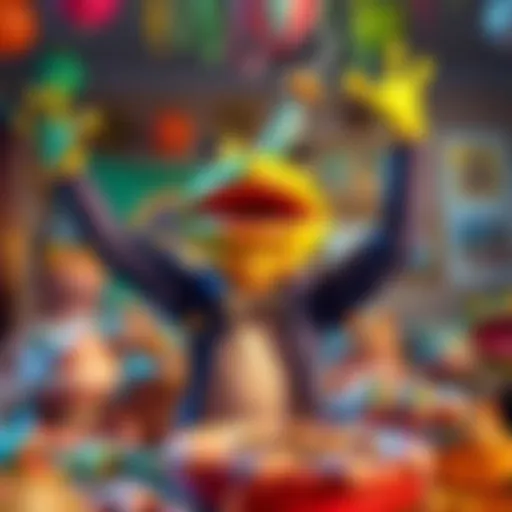 Kermie joyfully celebrating his auction win, surrounded by playful frog-themed decorations and vibrant laughter, with frog feet pictures humorously displayed in the background.