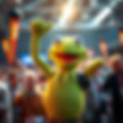 Kermit Celebrates Auction Win Kermit celebrating a successful auction bid with a beaming smile and raised arms in excitement