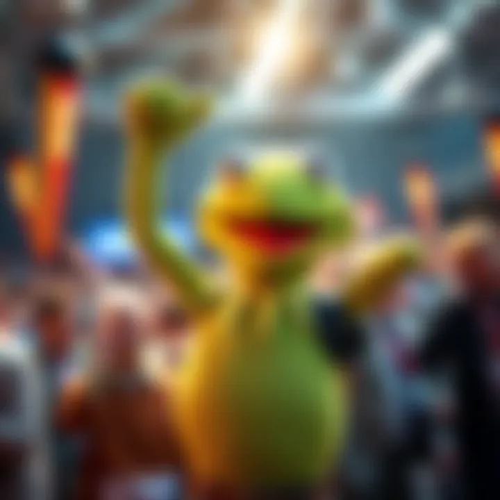 Kermit Celebrates Auction Win Kermit celebrating a successful auction bid with a beaming smile and raised arms in excitement
