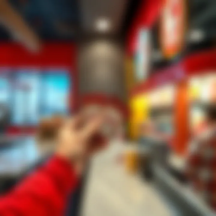 A customer joyfully requesting extra ketchup packets from a fast food counter, showcasing a friendly interaction.