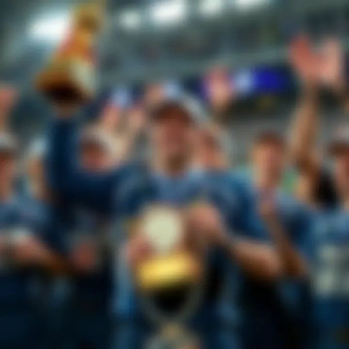 Keven Schlotterbeck holds a trophy with a big smile, showcasing his 100 score that shook up the rankings, surrounded by cheering teammates.