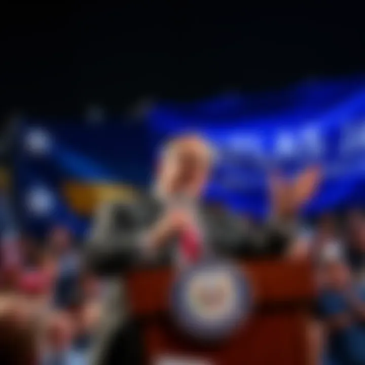 Kevin James speaking at a rally, promoting his campaign for governor with a large banner of Atlas Earth behind him.