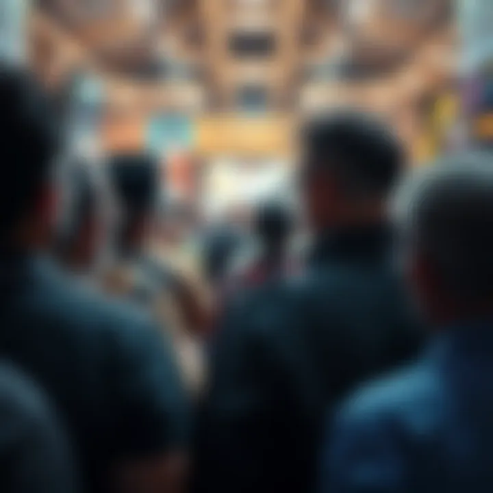 People discussing the Khamenei prediction market's ethics and implications of assassination claims in a crowded setting.