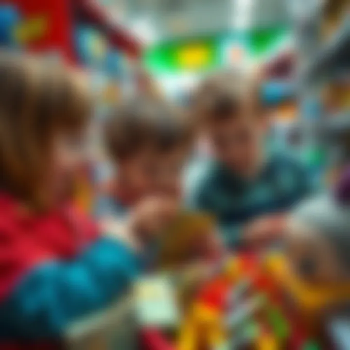 Kids Playing with Toy Money Children engaging with toy money and financial toys in a colorful store setting
