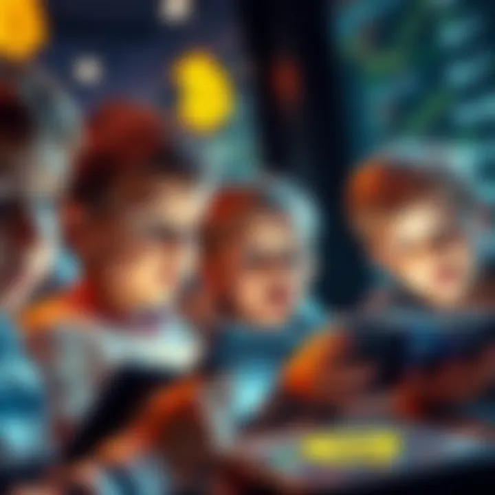 A group of children looking at Bitcoin charts on tablets, with expressions of curiosity and excitement.