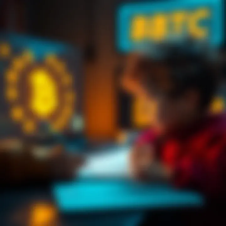 Kids Learning About Bitcoin A child looking at a laptop screen with Bitcoin symbols and digital wallets displayed. The child is taking notes with a pencil and paper, showing interest in learning about Bitcoin.