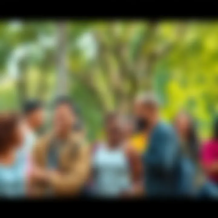 A group of diverse people sharing smiles and helping each other in a park setting, showcasing kindness and connection.