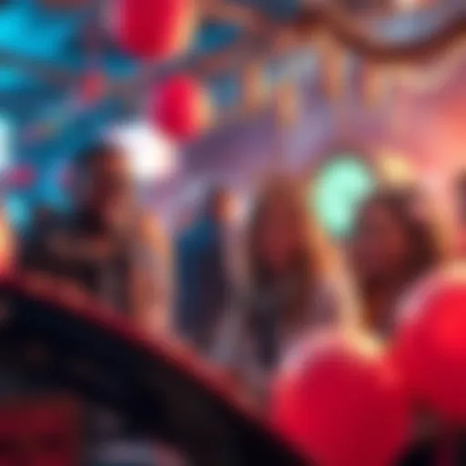People celebrating a milestone with a festive atmosphere, featuring decorations and travel-themed elements in the background.