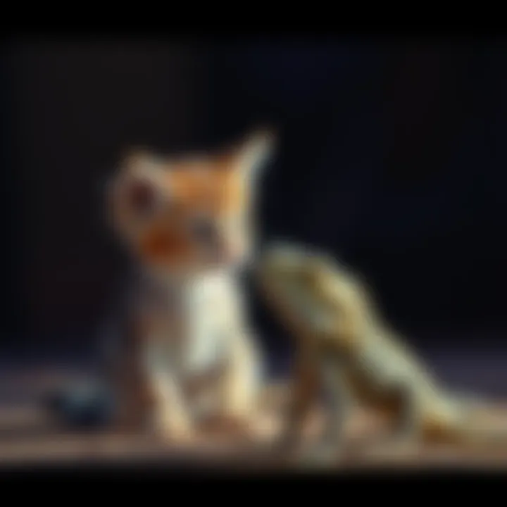 A small kitten standing protectively in front of its mother, facing a lizard