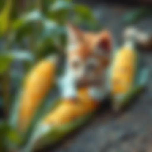 A playful kitten curiously interacting with fresh ears of corn on the ground