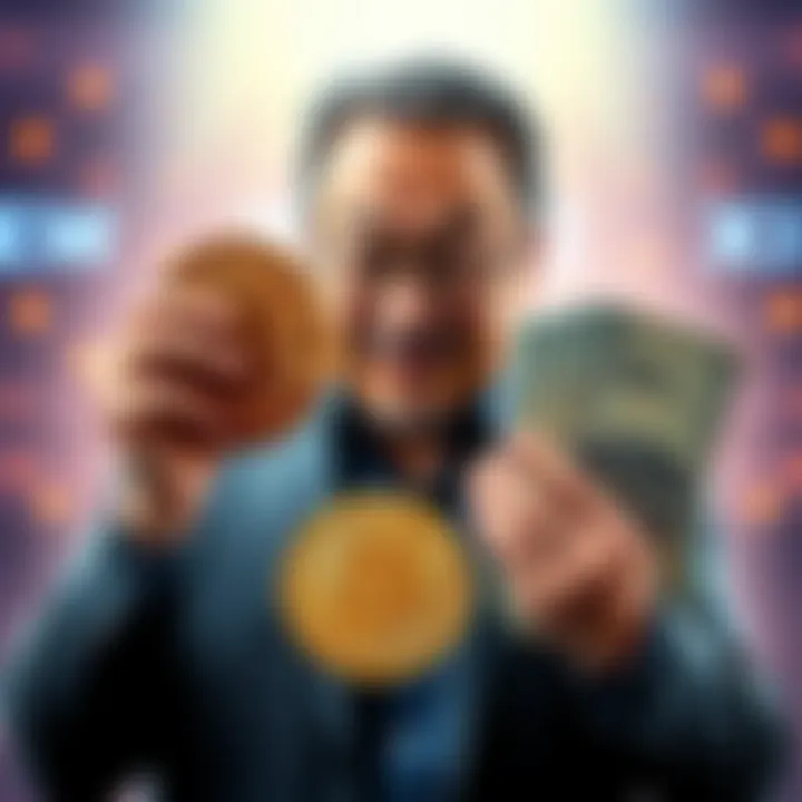 Kiyosaki with Bitcoin and cash Robert Kiyosaki holding Bitcoin symbols and cash, planning to invest in new business ventures