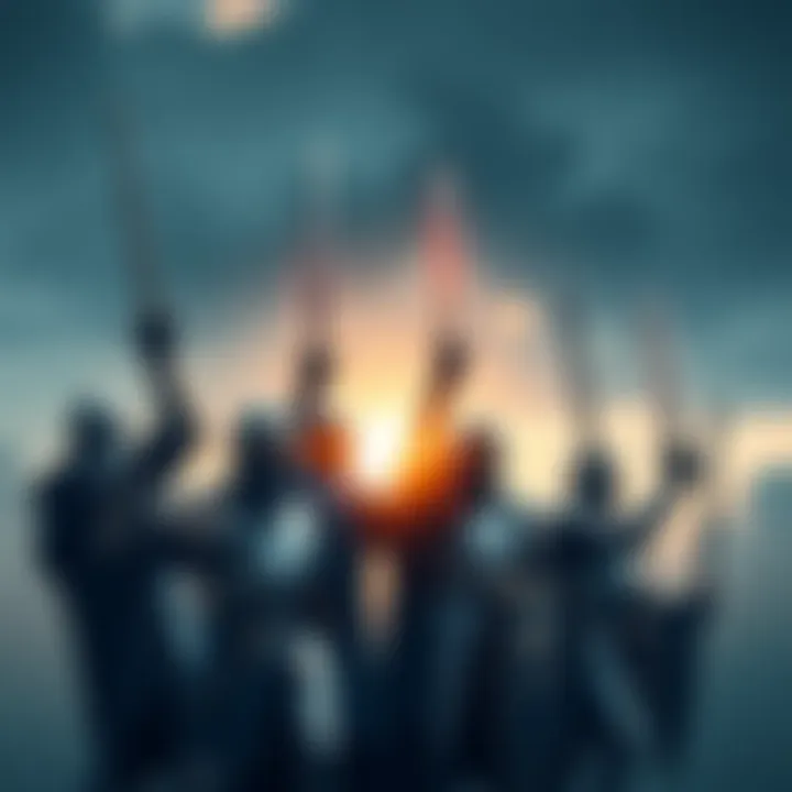 A group of knights standing together with determination, holding their swords high in unity, symbolizing strength and resilience.