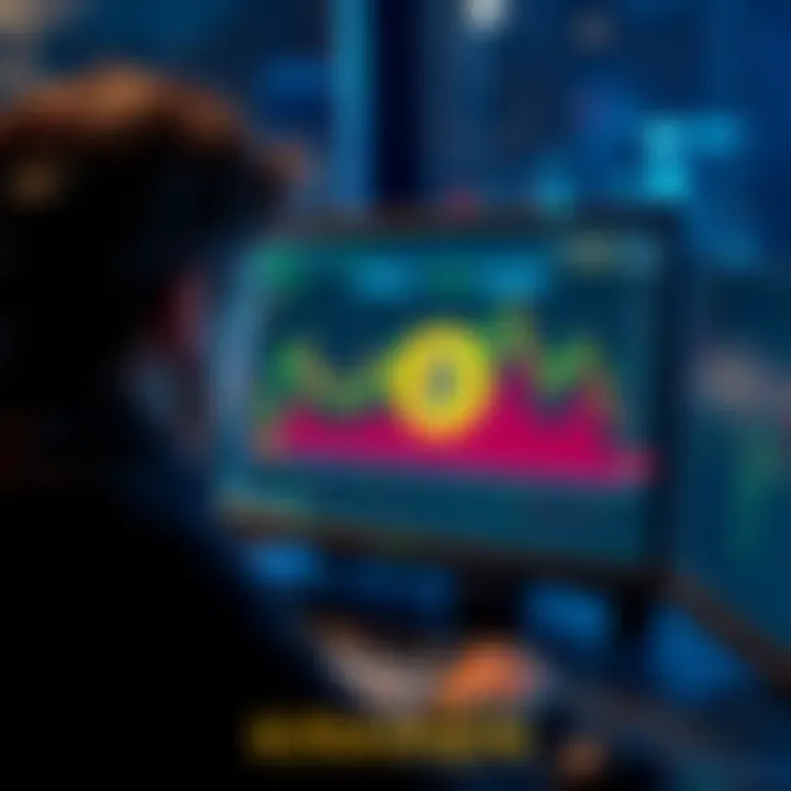 A person looking at a computer screen displaying Kraken's Bitcoin price significantly higher than other platforms. The screen shows a chart comparing prices with graphs and numbers.