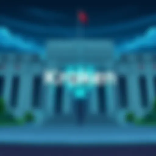 An illustration showing the Kraken logo with a Federal Reserve building in the background, symbolizing the approval of a master account.