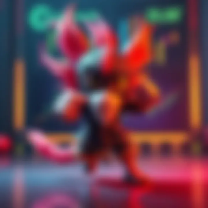 A featured Kungfouine NFT card showcasing vibrant colors, resembling a playful martial arts character, set against a digital backdrop representing the Ravencoin platform.