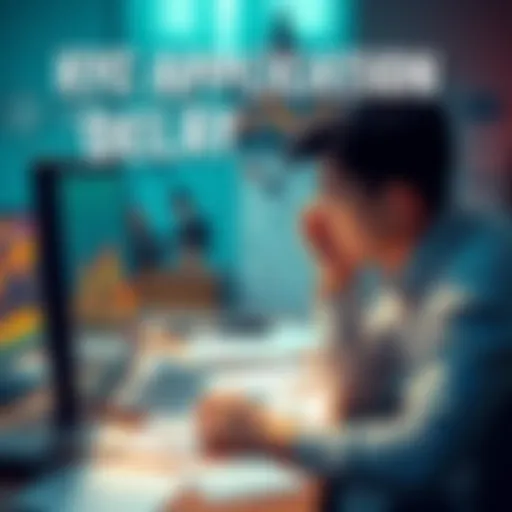 A person looking frustrated while checking their computer for KYC application updates, with papers scattered on the table
