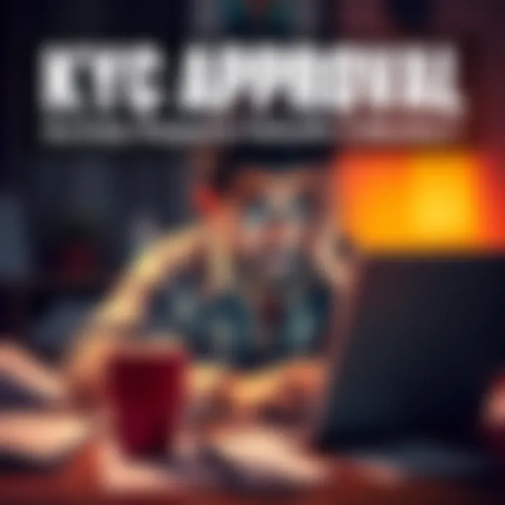 A person looking worried while checking their KYC status on a laptop, surrounded by papers and a coffee mug.