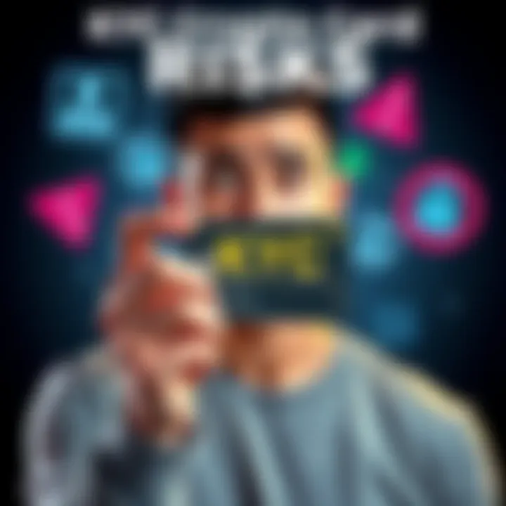 KYC Crypto Card Risks A person holding a crypto card with a worried expression, surrounded by symbols representing privacy and security risks.