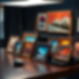 A collection of LAGO NFT frames displayed on a table with soft lighting, highlighting their artistic designs.